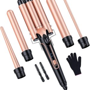 Bestope Pro Set Wave Iron – Ondulatoare cu 3 țevi pentru bucle mari, fără bucle, ondulatoare ceramice, diverse accesorii, reglare temperatură, încălzire rapidă, mănușă cu 2 cleme, auriu roz, 5 în 1