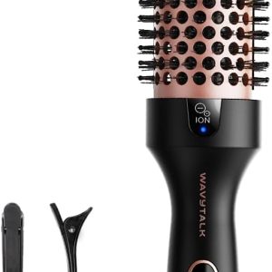 Perie termică ionică Wavytalk Blowout Boost, păr neted și strălucitor, perie pentru ondulat, 5 niveluri de temperatură, delicată cu părul, țeavă de 38 mm, tensiune dublă, priză, auriu roz