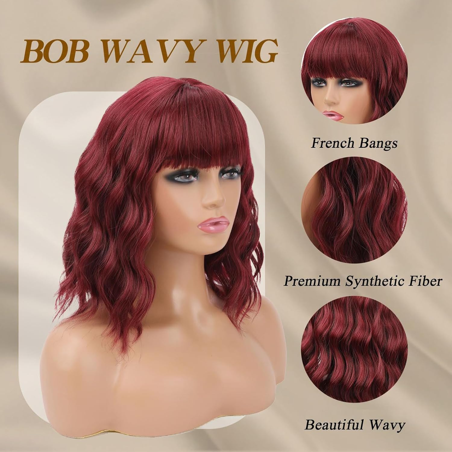 Perucă scurtă bob cu franjuri, ondulată, buclată, lungime umăr, perucă pentru femei, sintetică, rezistentă la căldură, fibră sintetică, peruci de cosplay pentru petrecere, Halloween, costume de zi cu zi - Image 3