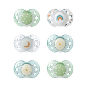 Suzete de noapte Tommee Tippee, formă ortodontică simetrică, silicon fără BPA, mâner care strălucește în întuneric, 18-36 m, set de 6, multicolore