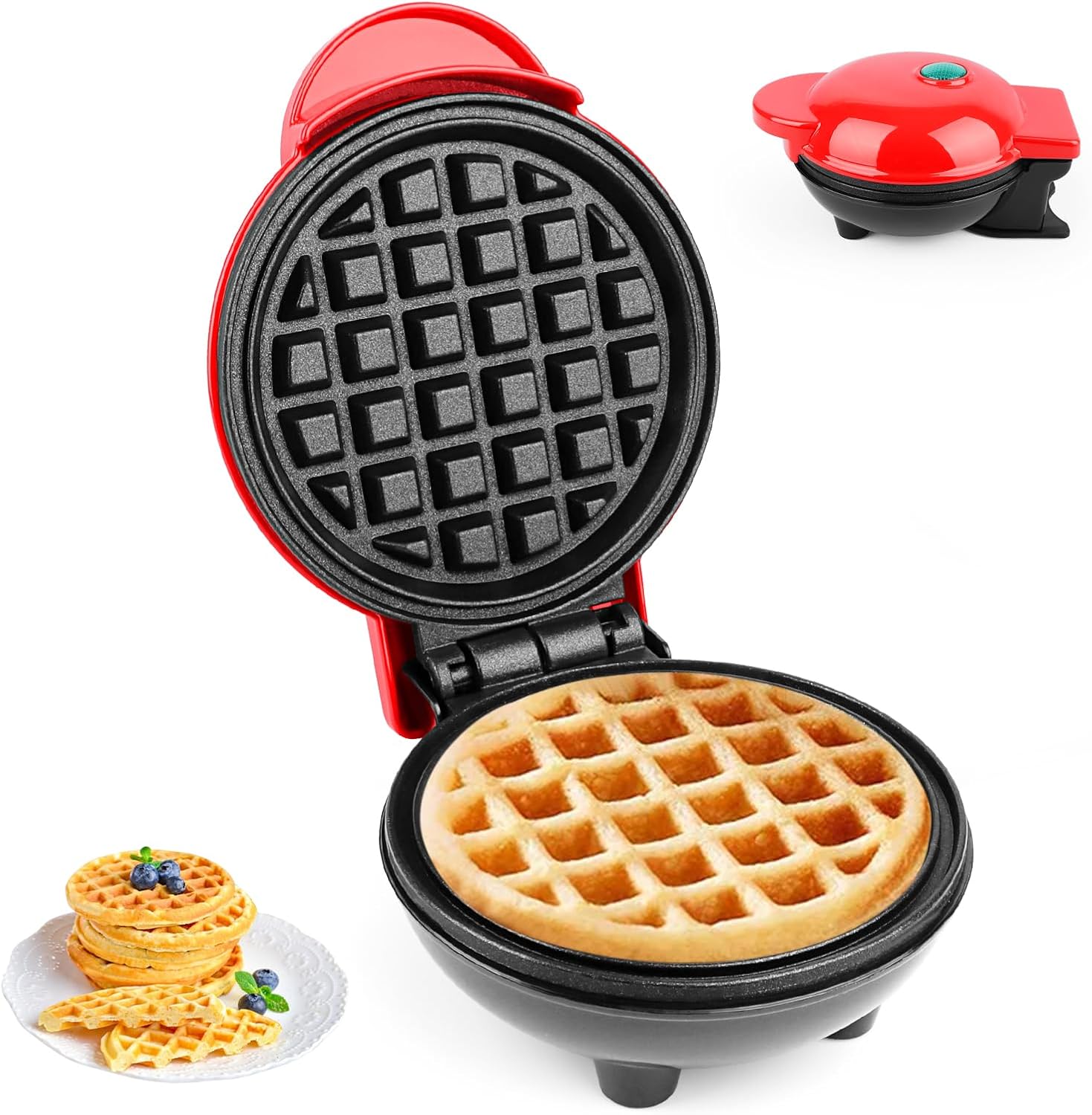 LWMTT Mini aparat de vafe, aparat de vafe belgiene, diametru 10 cm, 220 V / 350 W, clasic, încălzire pe două fețe, aparat de vafe cu bule, o singură persoană, compact, potrivit pentru turism, roșu
