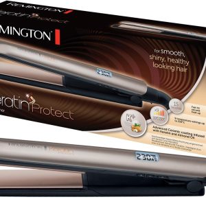 Placă de îndreptat părul Remington Keratin (acoperire ceramică cu keratină de înaltă calitate, îmbogățită cu ulei de migdale), afișaj LCD, 9 setări de temperatură 150-230 °C, placă de îndreptat părul S8540