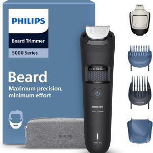 Aparat de tuns barba Philips seria 5000 - Lame metalice cu autoascuțire, 40 de setări de lungime, tehnologie BeardSense, colector de păr, 100% impermeabil, husă de călătorie, model BT5765/15