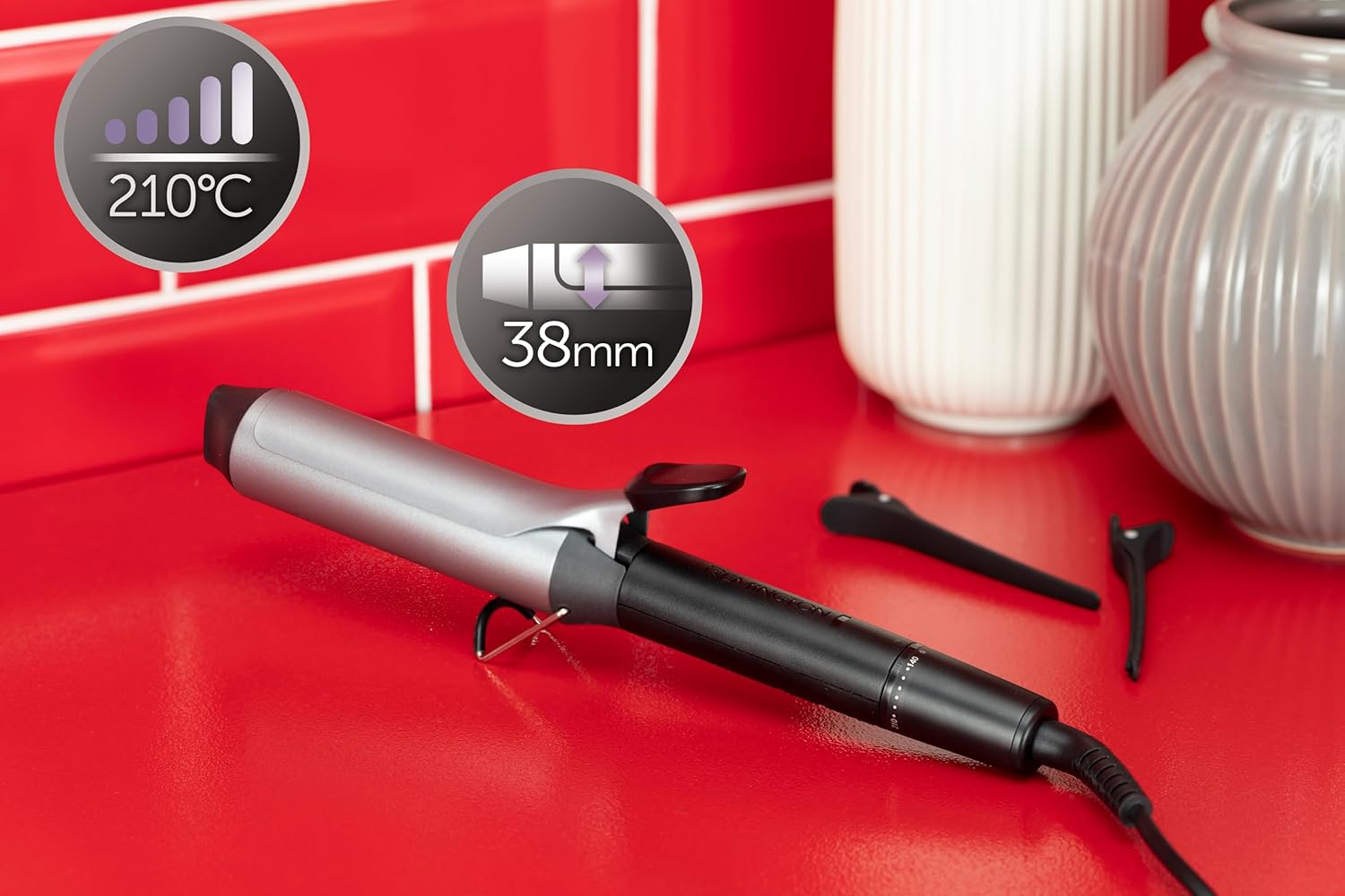 Remington Pro Big Curl CI5538, 38 mm pentru bucle mari, protecție în 4 direcții, înveliș antistatic din turmalină ceramică, 8 setări de temperatură, timp de încălzire de 30 de secunde, argintiu/gri - Image 2