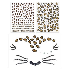 KRYMSON Set de 3 autocolante pentru tatuaje în relief cu imprimeu de leopard, autocolante pentru tatuaje pentru față, autocolante pentru unghii cu imprimeu de leopard, autocolante pentru machiaj pentru petrecere, carnaval și Halloween