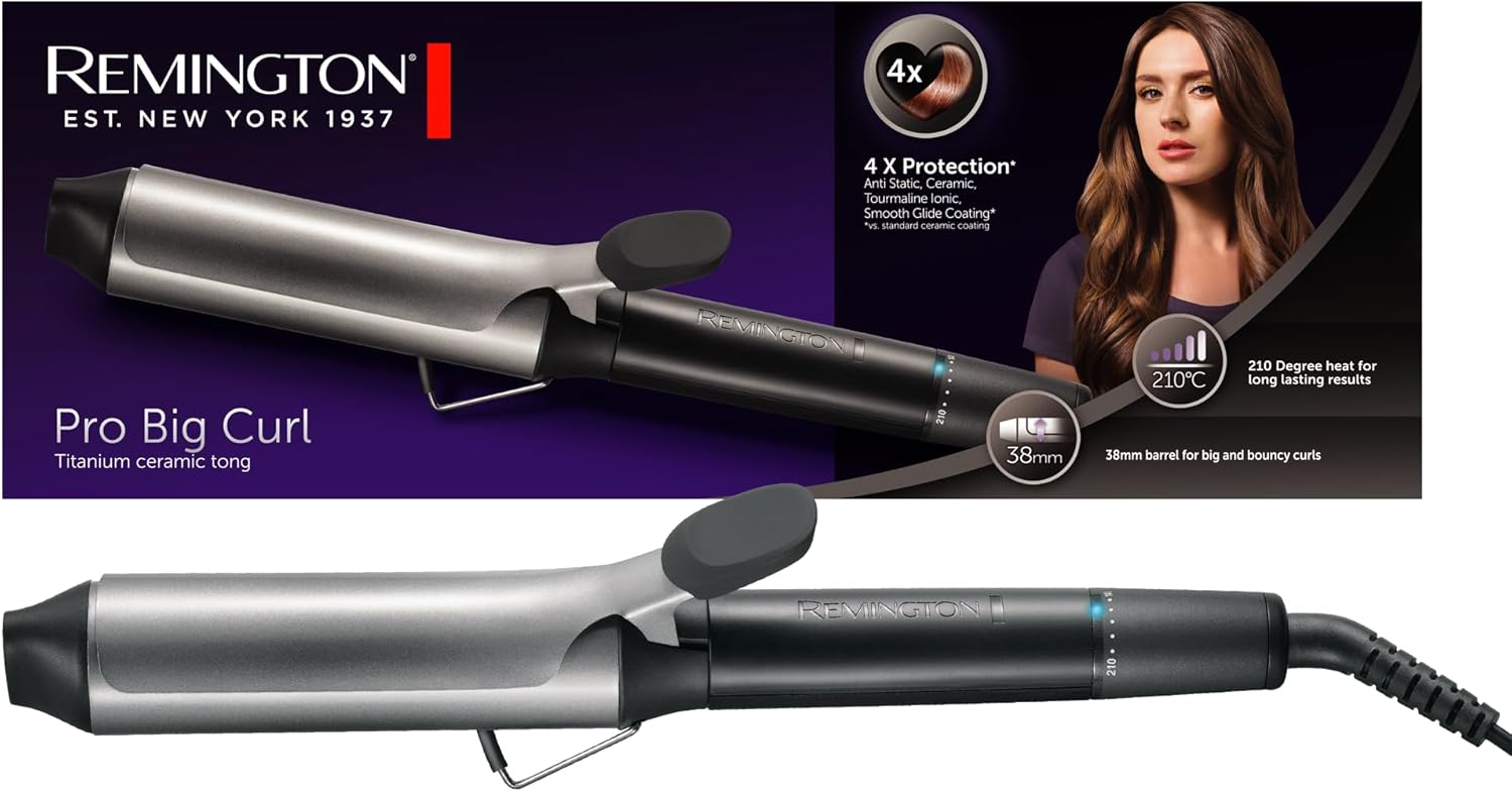 Remington Pro Big Curl CI5538, 38 mm pentru bucle mari, protecție în 4 direcții, înveliș antistatic din turmalină ceramică, 8 setări de temperatură, timp de încălzire de 30 de secunde, argintiu/gri