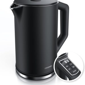 Fierbător Arendo din oțel inoxidabil cu setare a temperaturii 40-100 de grade în 5 trepte, design cu perete dublu, model elegant, 1,5 litri, 2200 W, fierbător cu afișaj de temperatură, GS, negru