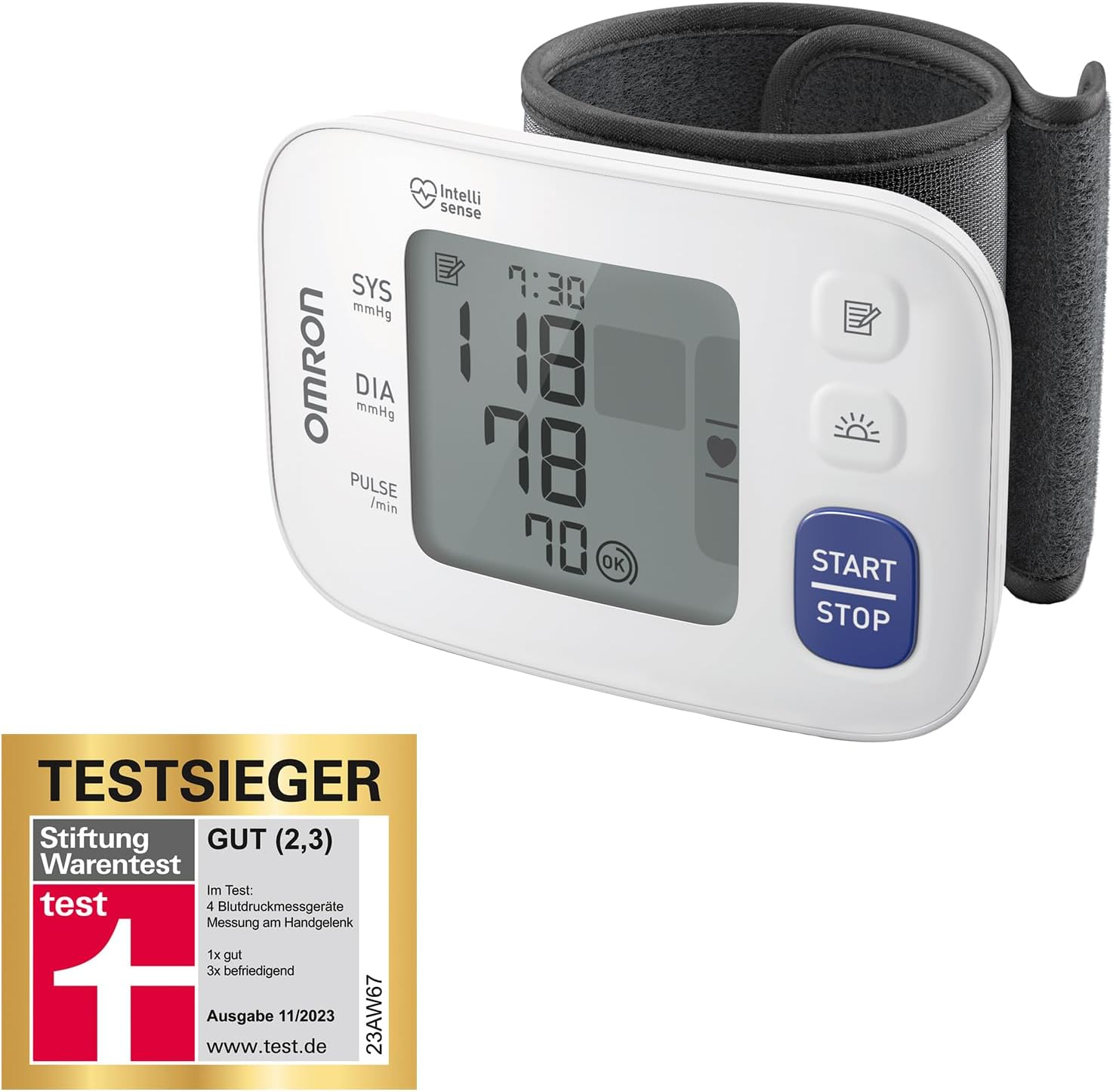 Tensiometru automat OMRON RS4 pentru încheietura mâinii, câștigător al testului Stiftung Warentest 11/2023, validat clinic, cu memorie, senzor de poziționare pentru măsurare precisă, control al poziției manșetei