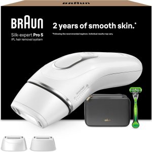 Aparate de epilare cu IPL Braun Silk·expert Pro 5, PL5145, Alb/Argintiu, Epilare laser alternativă pentru acasă, Epilare definitivă, Include husă, aparat de ras Gillette și 2 accesorii