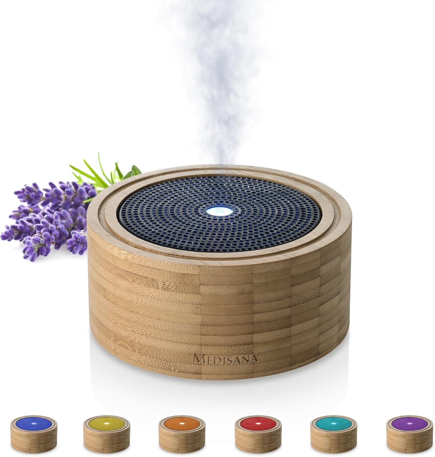 Difuzor de arome Medisana AD 625 din bambus, atomizor din lemn cu lumină spa în 6 culori, pentru uleiuri esențiale, arzător de ulei cu temporizator, 100 ml