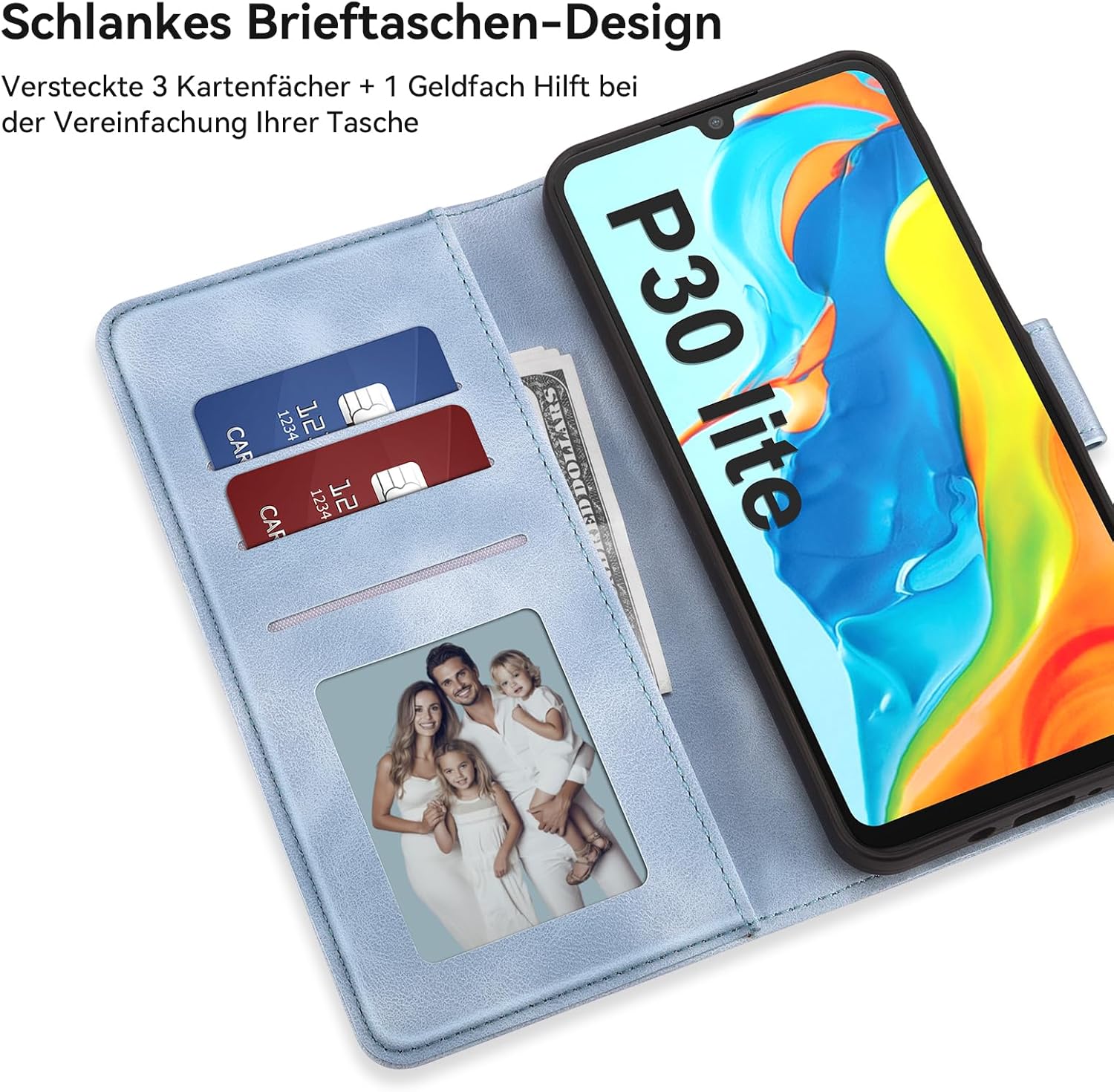 Husa din piele ivencase pentru Huawei P30 Lite cu clapă și protecție pentru ecran, husă pliabilă premium pentru telefon mobil cu clapă, slot pentru card, piele PU, suport, husă de protecție compatibilă cu Huawei P30 Lite, albastru deschis - Image 2