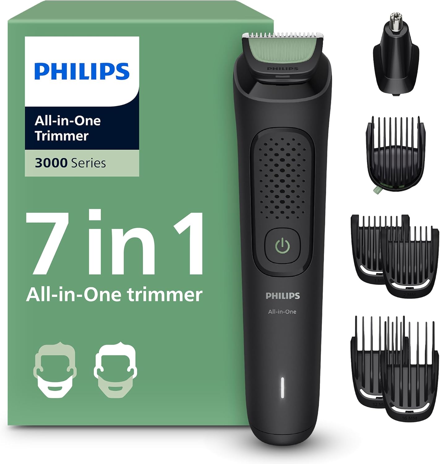 Aparat de tuns multifuncțional Philips Multigroom seria 3000 cu 7 piese: aparat de ras și de tuns pentru față și cap, lame auto-ascuțite, prietenoase cu pielea, zece setări de lungime, model MG3930/15