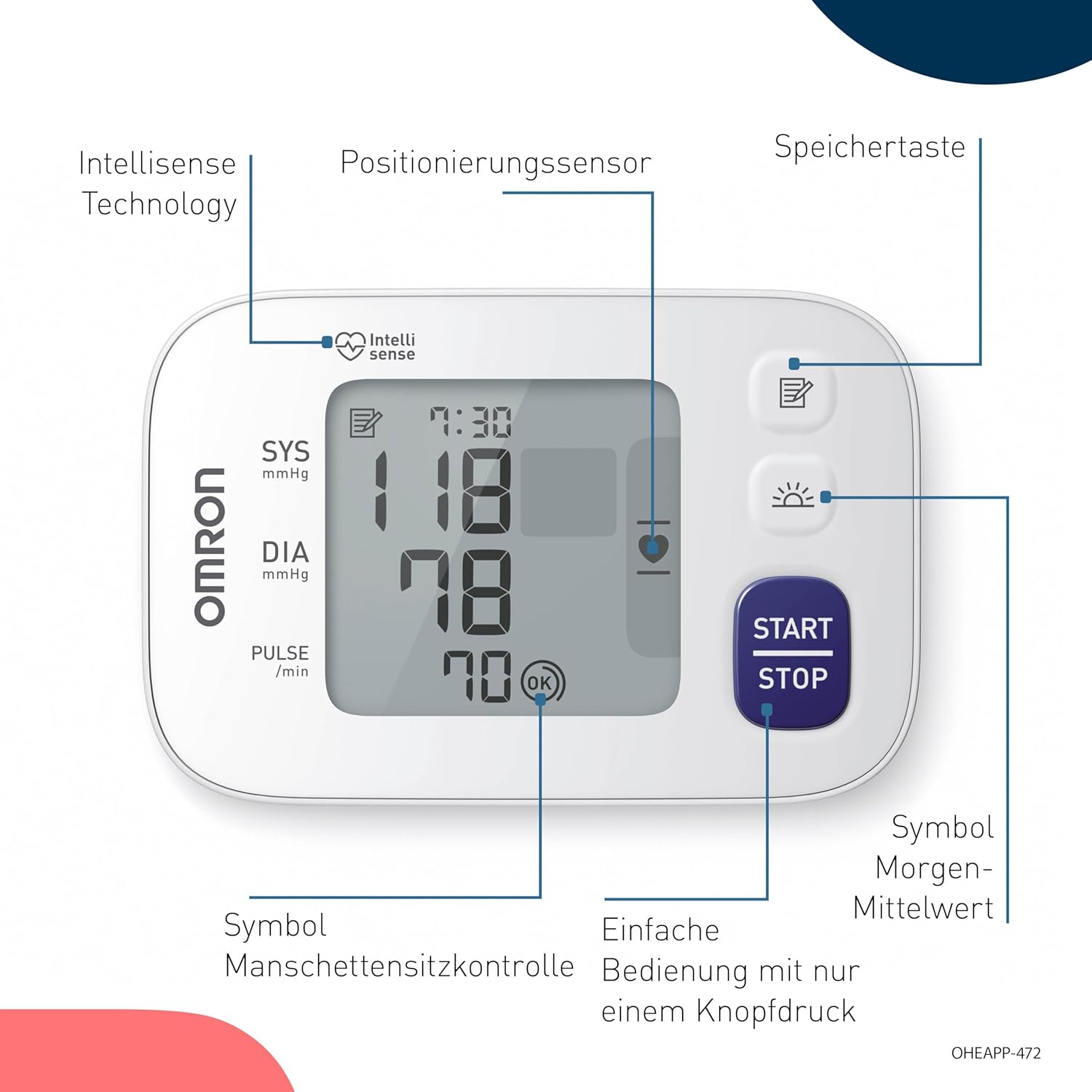 Tensiometru automat OMRON RS4 pentru încheietura mâinii, câștigător al testului Stiftung Warentest 11/2023, validat clinic, cu memorie, senzor de poziționare pentru măsurare precisă, control al poziției manșetei - Image 3
