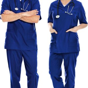 Uniformă medicală AIESI pentru bărbați și femei, 100% bumbac pre-micșorat, pantaloni și top cu decolteu în V, mărimea XL, albastră