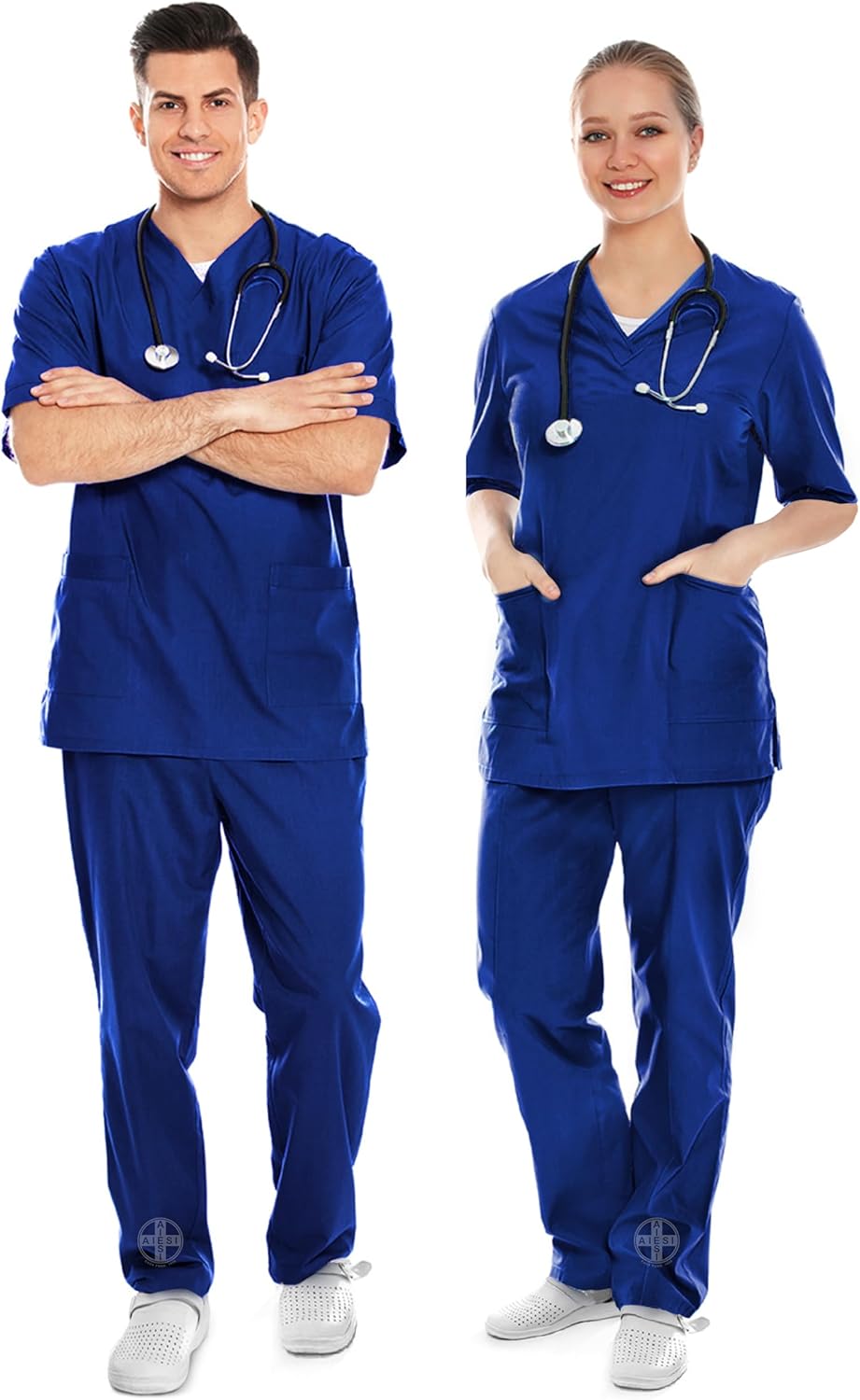 Uniformă medicală AIESI pentru bărbați și femei, 100% bumbac pre-micșorat, pantaloni și top cu decolteu în V, mărimea XL, albastră