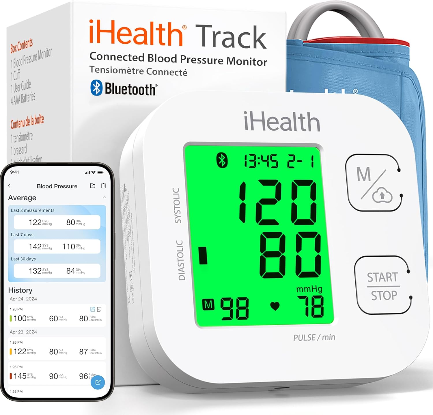 Tensiometru iHealth Track conectat pentru braț, cu manșetă universală reglabilă pentru brațe normale și mari pentru adulți, compatibil Bluetooth cu dispozitive Apple și Android