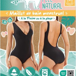 Costum de baie menstrual Feel Natural, negru, dintr-o singură piesă, mediu, pentru femei și adolescente - Lavabil - Anti-scurgere - Confort igienic - Protecție absorbantă - Curgere ușoară, negru