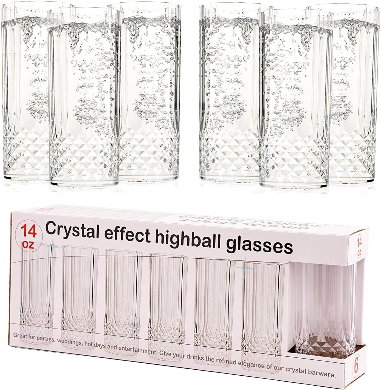MantraRaj PK6 Pahare Long Beverage din cristal transparent - Pahare din plastic pentru whisky, vin, șampanie, reutilizabile și durabile, perfecte pentru petreceri