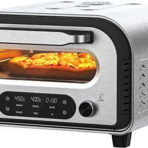 Cuptor electric profesional pentru pizza 450°C, pizza napolitană în 90 de secunde, încălzire superioară și inferioară, ecran tactil LED și control rotativ, 5 programe + mod DIY, piatră de pizza de 32 cm, paletă de pizza și carte de rețete, oțel inoxidabil