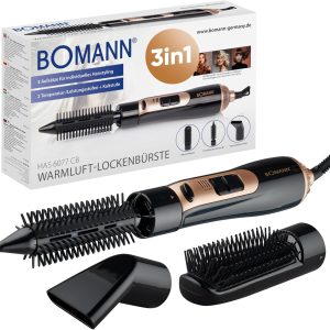 Perie cu aer cald Bomann HAS 6077 CB cu 3 accesorii | Pentru toate lungimile de păr | Perie uscător de păr cu nivel de rece pentru coafare-fixare | 2 niveluri | Perie rotundă pentru coafat | Cablu 360° | Perie cu aer cald pentru păr scurt