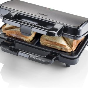 Bestron XL Sandwich Maker, Prăjitor de sandvișuri antiaderent pentru 2 sandvișuri, Include control automat al temperaturii și indicator de disponibilitate, 900 wați, Gri titan