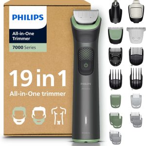 PHILIPS Multigroom 7000 pentru bărbați - Aparat de tuns barba și păr multifuncțional cu 19 piese pentru față, cap și corp, lame autoascuțite, 26 setări de lungime (0,5-20 mm), MG7962/30