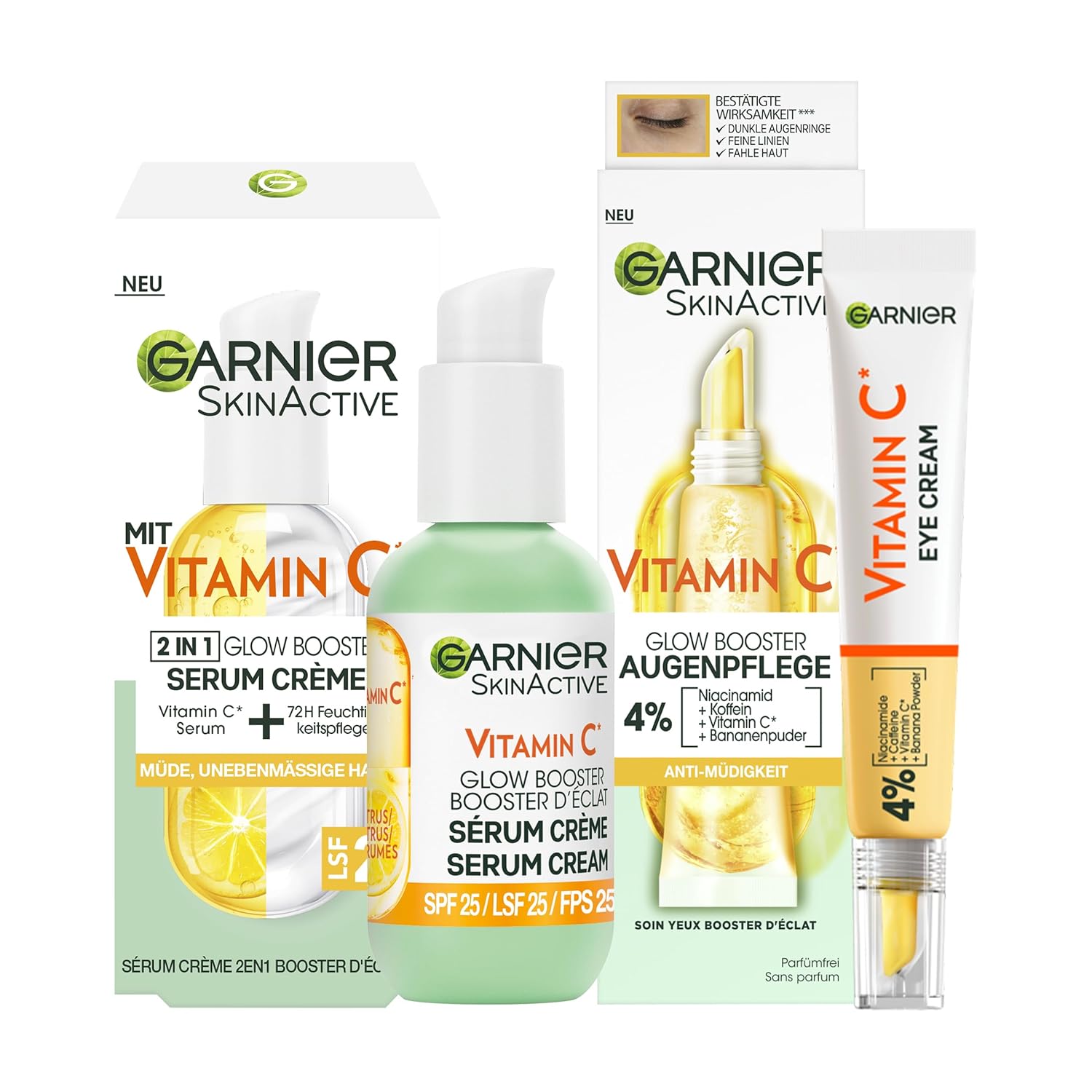 Set Garnier SkinActive Vitamin C Glow Booster cu îngrijire anti-oboseală pentru ochi și cremă ser, pentru un ten radiant și uniform și pentru reducerea semnelor de oboseală