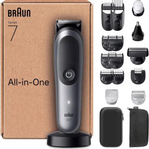Braun All-in-One Series 7, Aparat de tuns multifuncțional 18 în 1 pentru barbă, aparat de tuns pentru părul din nas, aparat de tuns pentru față, cap și corp, baterie de 120 de minute, 14 lungimi (0,1-21 mm), rezistent la apă, AIO7585, gri