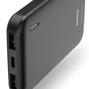 Hama Powerbank Pocket 5 5000 mAh (Baterie externă cu 2 x USB A, Certificare Power Pack, Afișaj LED, Baterie pentru accesorii telefoane mobile, Tablete, Boxe Bluetooth etc., Încărcător portabil mic) Antracit