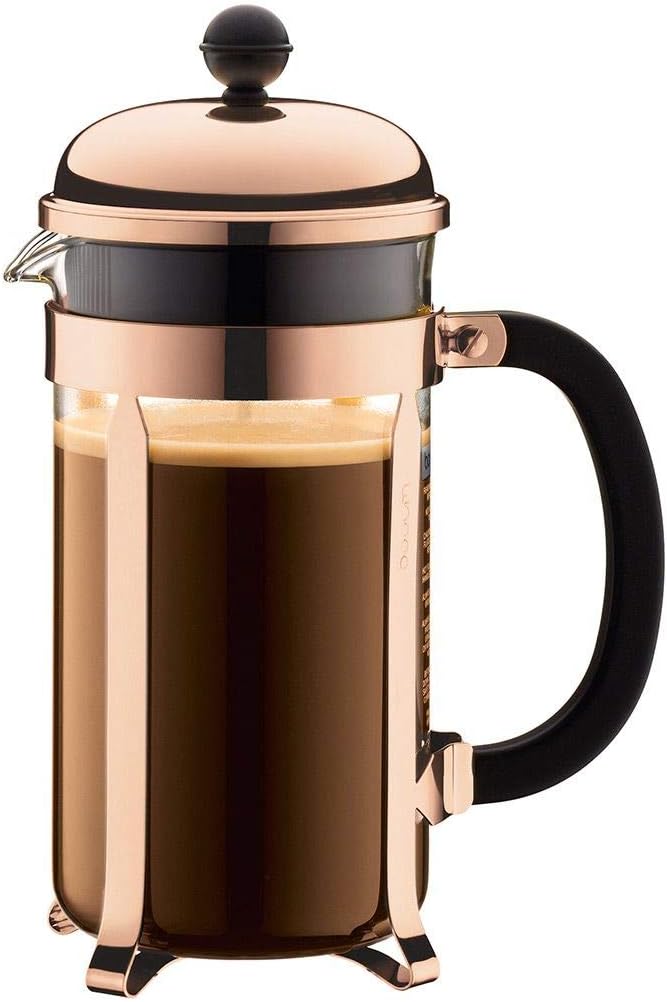 Cafetieră Bodum French Press Chambord - 1L/8 căni, din cupru - Sticlă rezistentă la căldură și filtru din oțel inoxidabil - Cafetieră fără BPA, potrivită pentru mașina de spălat vase - Fabricată în Portugalia