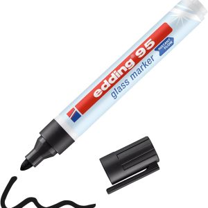 Markere pentru sticlă edding 95 - Negre - 1 stilou - Vârf rotund 1,5-3 mm - pentru scris și marcat pe suprafețe de sticlă, cum ar fi geamuri, table de sticlă, table albe - Ștergere uscată