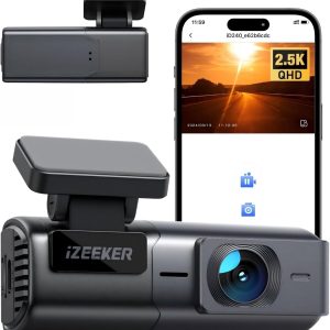 iZEEKER Cameră auto WiFi 2.5K, Mini cameră auto, Cameră frontală 1440P cu aplicație, Card de 32GB gratuit, Viziune nocturnă, Senzor G WDR, Înregistrare în buclă, Asistență parcare 24h