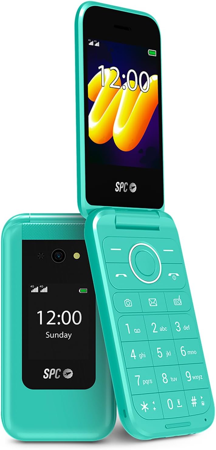 SPC Wild - Telefon cu bază 4G pentru oprire digitală și prim telefon securizat | Cameră, afișaj dublu, buton SOS și autonomie a bateriei de 7 zile | Turcoaz