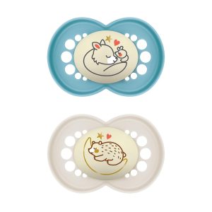 Suzetă MAM Original Night 16+ Luni (Pachet de 2), Suzetă MAM 16-36 Luni, Luminează în Întuneric cu Tetină de Cauciuc, Set de 2 cu Suport Sterilizator pentru Suzetă, Albastru Deschis/Bej
