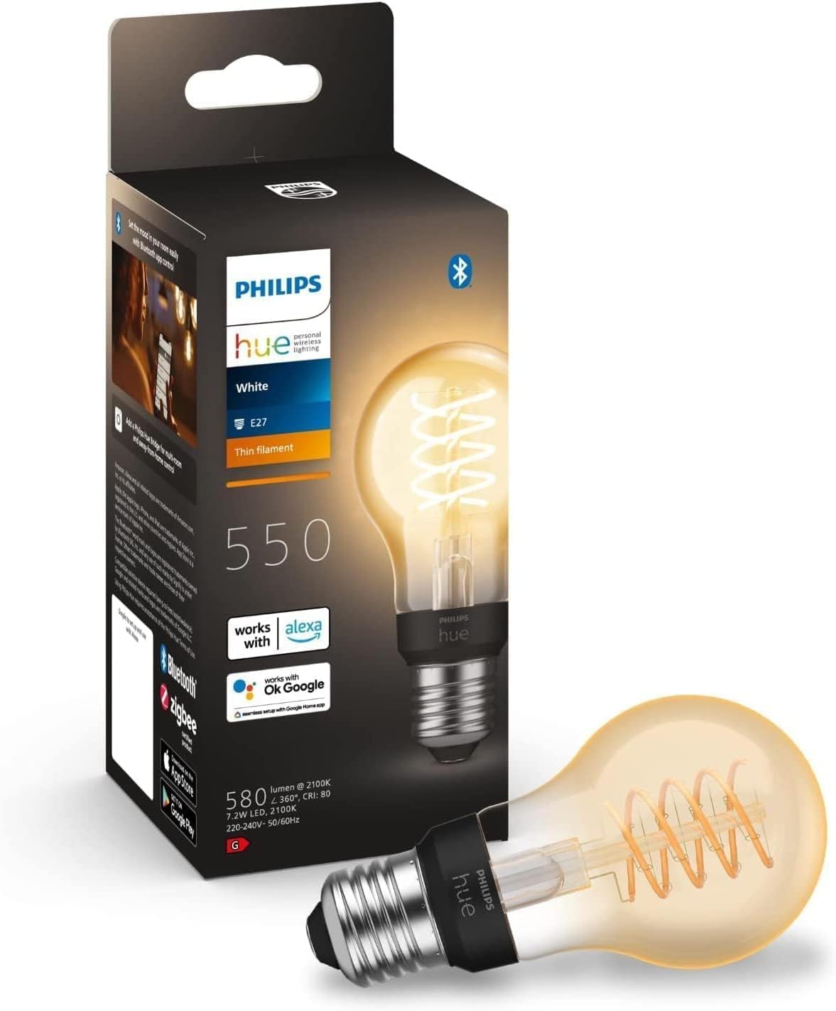 Lampă cu filament Philips Hue White E27 (550 lm), lampă LED standard cu intensitate reglabilă pentru sistemul de iluminat Hue cu lumină albă caldă, control inteligent al luminii prin voce și aplicație, pachet de 1