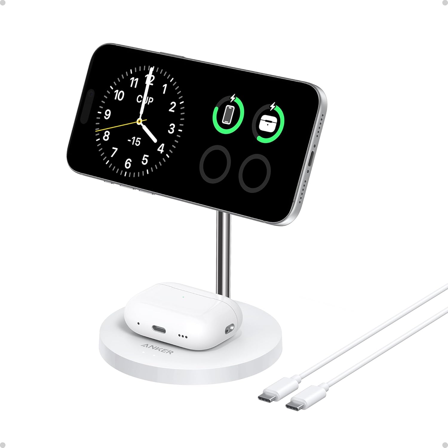 Încărcător compatibil Anker MagGo 15W Magsafe, stație de încărcare inductivă 2 în 1, încărcător wireless Qi2 pentru iPhone 17/16/15/14/13/12, AirPods Pro, cu cablu USB C de 1,5 m, fără sursă de alimentare