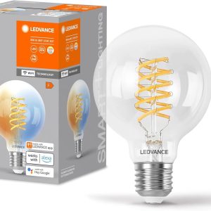 Lampă LED LEDVANCE SMART+ WIFI, sticlă albă, 8 W, 806 lm, formă sferică cu diametru de 80 mm și soclu E27, lumină albă reglabilă (2700-6500 K), reglabilă, control prin aplicație sau voce, durată de viață de 15.000 de ore