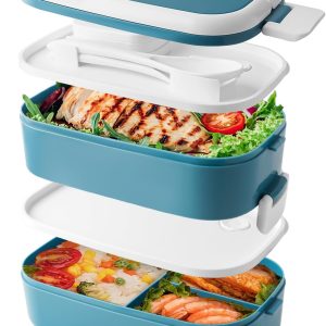 Cutie de prânz Bento stivuibilă, recipient de 1400 ml cu 4 compartimente și tacâmuri, cutii etanșe cu 2 straturi, pentru adulți, copii, birou, cuptor cu microunde, potrivită pentru mașina de spălat vase (albastru)