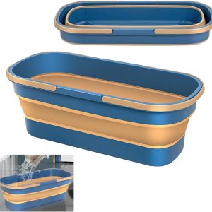 Găleată mare de curățare cu mop plat, găleată cu mop plat de 18 l / 4,5 galoane cu mâner, mop plat mare, mop de podea, găleată mare cu apă din silicon, găleată pliabilă și portabilă cu mop (albastru) (A)