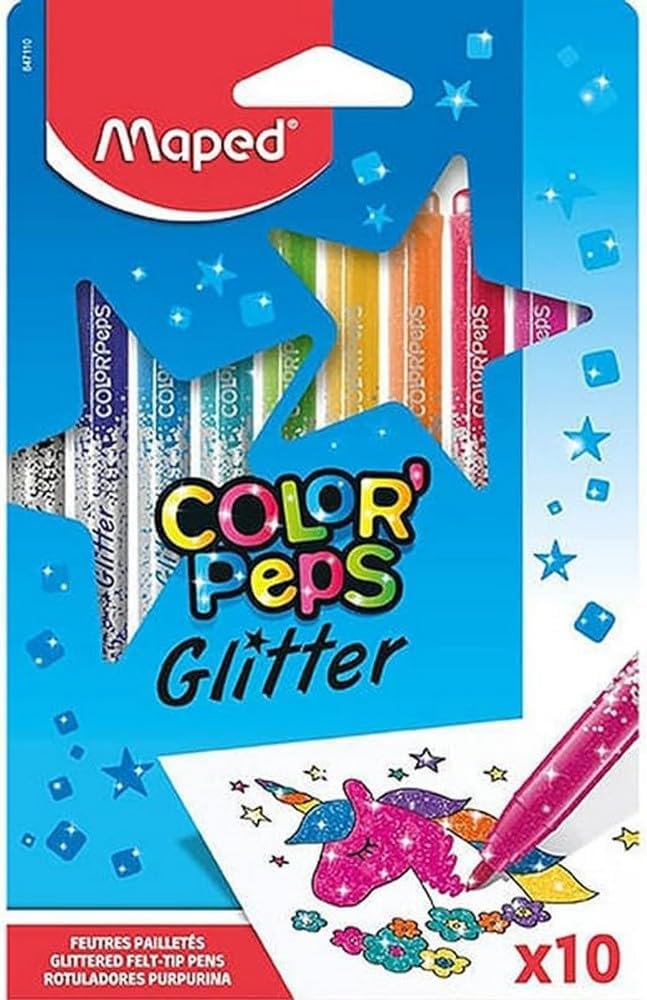 Pixuri cu vârf de pâslă Maped COLOR’PEPS GLITTER, acoperire excelentă, multe particule de sclipici, 1 pachet de 10