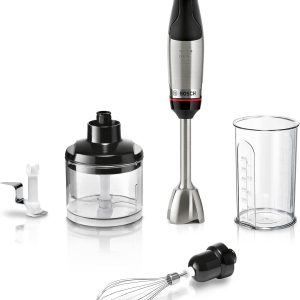 Blender de mână Bosch ErgoMaster seria 6, operare cu o singură mână, lame din oțel inoxidabil, cuplaj ceramic fără uzură, durabil, răcire cu aer, tocător, tel, cană de amestecat, 1000 W, oțel inoxidabil, MSM6M622