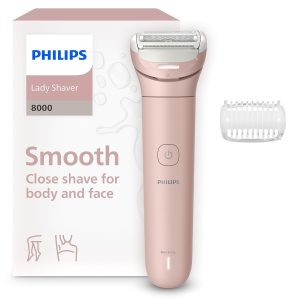 Aparat de ras electric fără fir Philips Lady Shaver Series 8000, sistem umed și uscat, cap de ras flexibil, lumină LED pentru picioare și corp, autonomie de 100 de minute, model BRL129/00