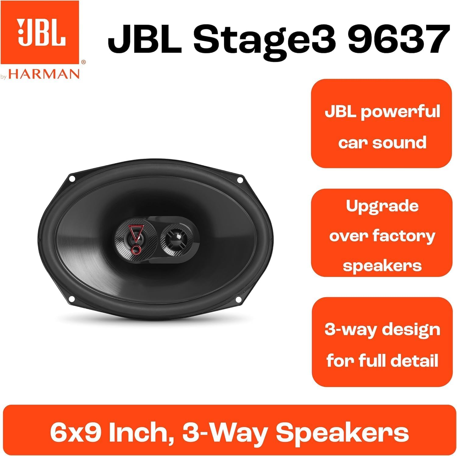 Set boxe auto JBL Stage3 9637F pe 3 căi de la Harman Kardon fără grilă - Boxe auto ovale de 375 wați - 152 mm x 230 mm - Image 2