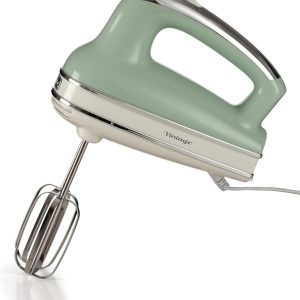 Mixer de mână multifuncțional vintage Ariete 1548, 5 viteze, funcție Turbo, 2 teluri din oțel inoxidabil pentru batere și frământare, potrivit pentru aluat de prăjituri și pizza și frișcă, 450W, verde