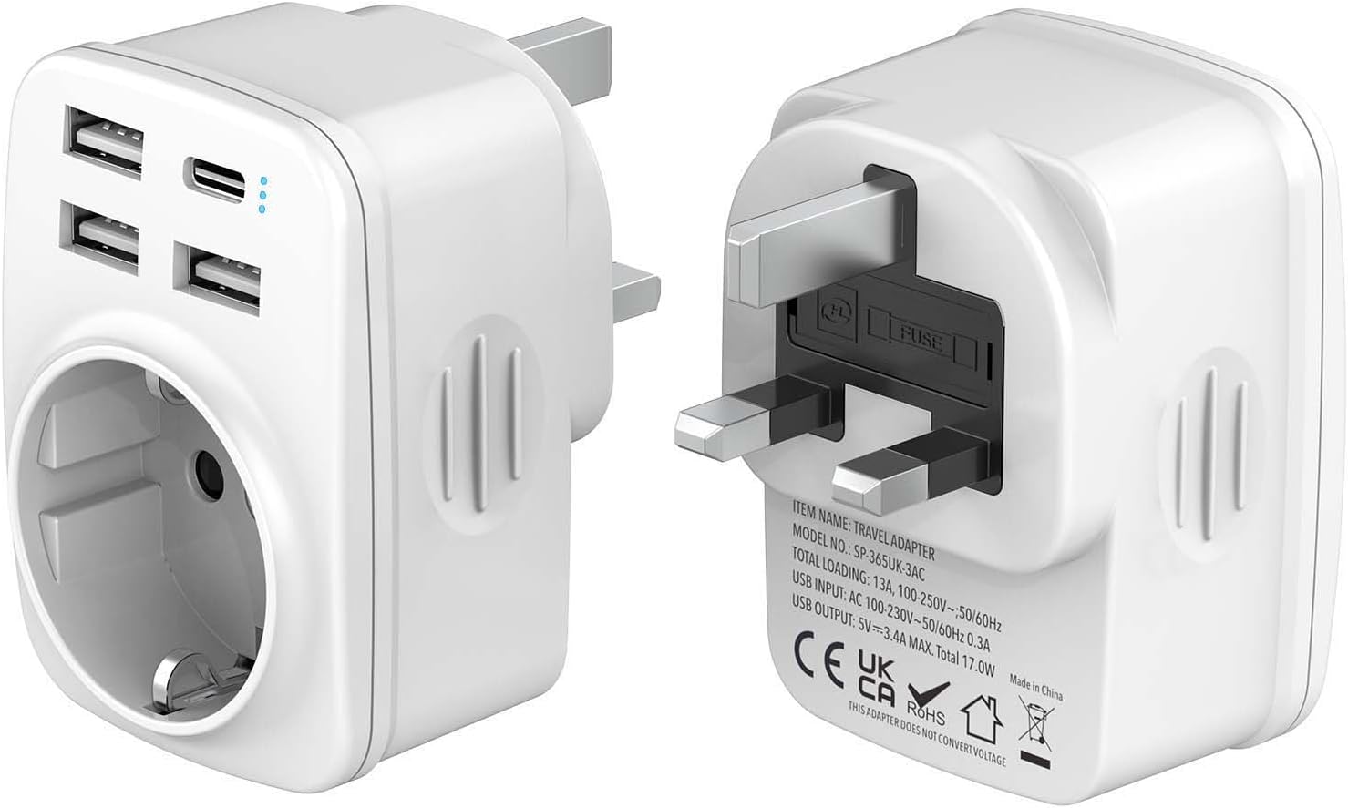 Adaptor priză Hoppac UK, Adaptor Anglia-Germania, Adaptor priză Anglia 5 în 1, cu 3 USB A și 1 USB C, Adaptor de călătorie tip G pentru Marea Britanie, Irlanda, Dubai, Maldive