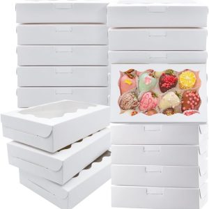 Pachet de 20 de cutii pentru biscuiți cu fereastră de vizualizare, cutie pentru brioșe 18 x 11 x 4 cm din hârtie kraft, cutii reutilizabile pentru delicii kraft, cutie de transport pentru brioșe, torturi, biscuiți, ambalaje pentru sărbători și petreceri