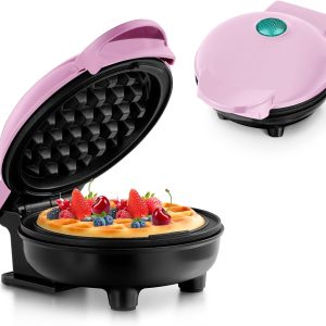 Mini aparat de vafe pentru aparat clasic de vafe, aparat mic de vafe cu înveliș antiaderent, design retro pentru zile de naștere, petreceri de familie, roz