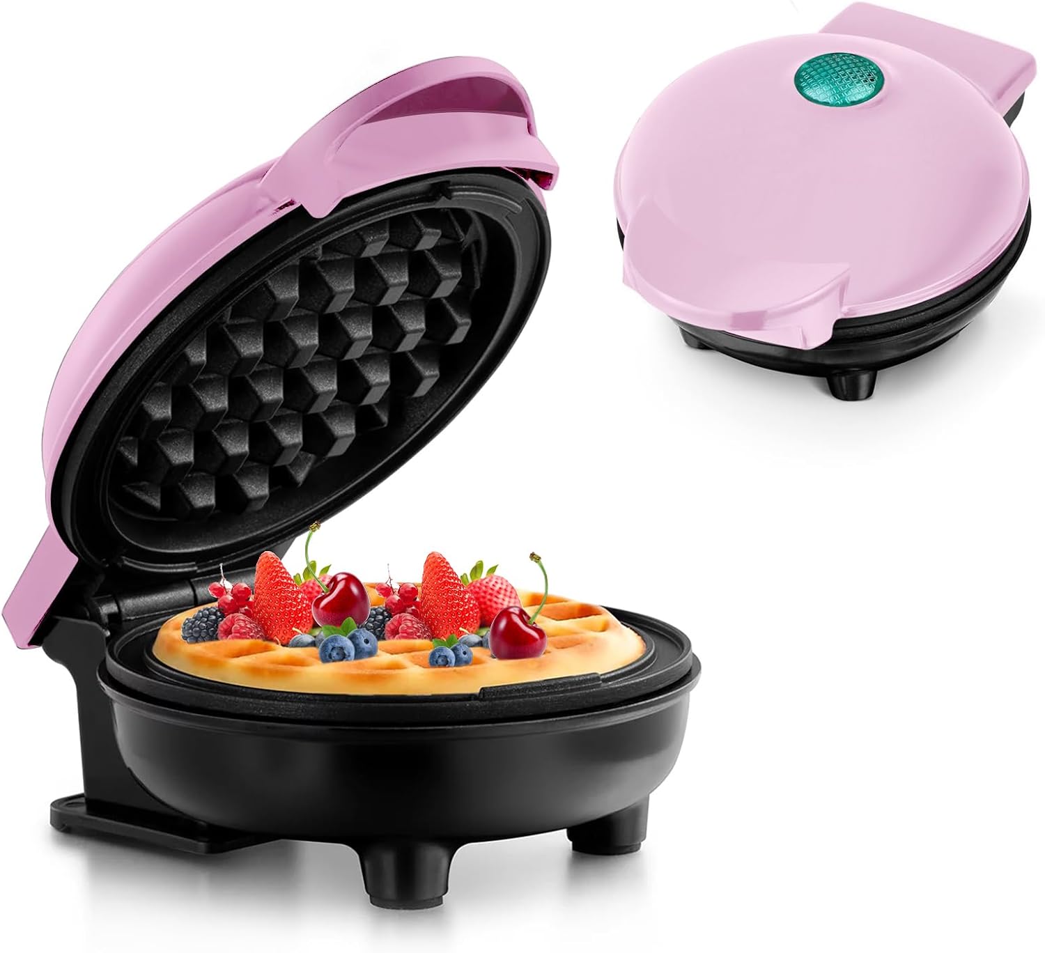 Mini aparat de vafe pentru aparat clasic de vafe, aparat mic de vafe cu înveliș antiaderent, design retro pentru zile de naștere, petreceri de familie, roz