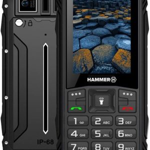 Telefon mobil Hammer H Basalt pentru exterior, fără contract, ecran color de 2,4 inci, robust, baterie Mega 1800 mAh, rezistent la apă (IP68), șocuri, butoane de șantier, lanternă, dual SIM, telefon mobil cu butoane - negru