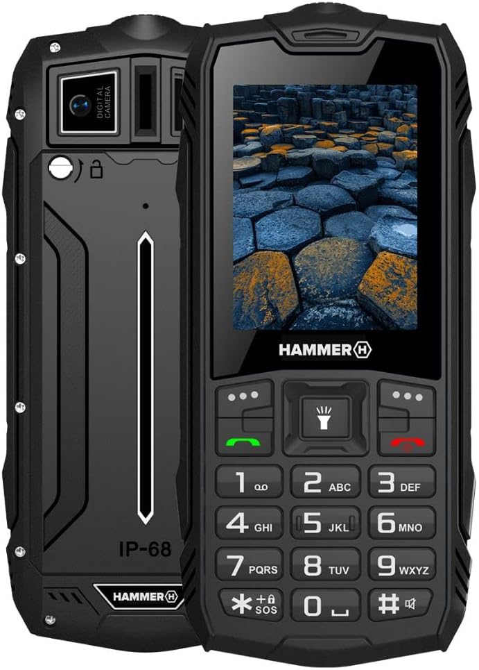 Telefon mobil Hammer H Basalt pentru exterior, fără contract, ecran color de 2,4 inci, robust, baterie Mega 1800 mAh, rezistent la apă (IP68), șocuri, butoane de șantier, lanternă, dual SIM, telefon mobil cu butoane - negru